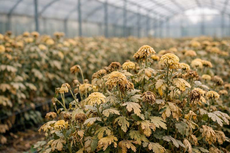 Cultivo de crisantemo sin color a causa de fotosíntesis limitada